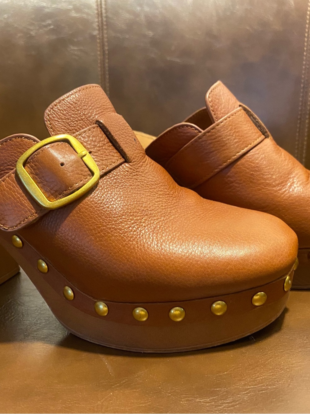 Aldo Cognac Brown Leather Platform Clogs with Gold Studs and Buckle